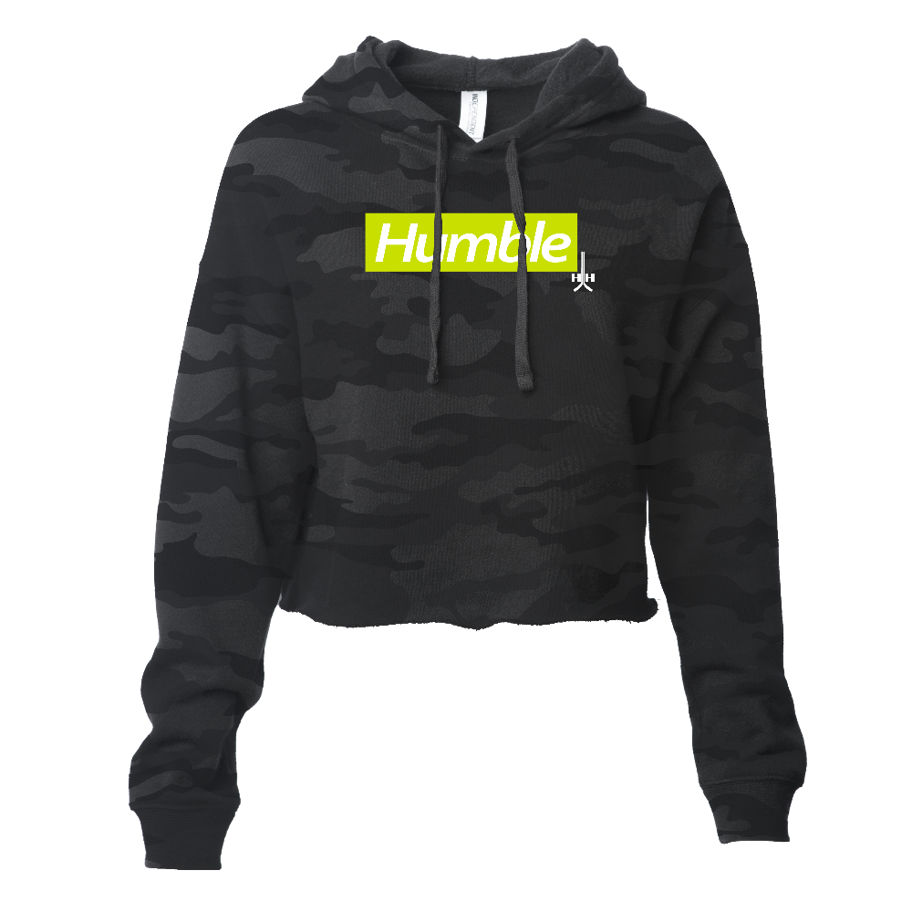Black camouflage neon yellow design white text letters hooded crop hoodie cotton polyester blend