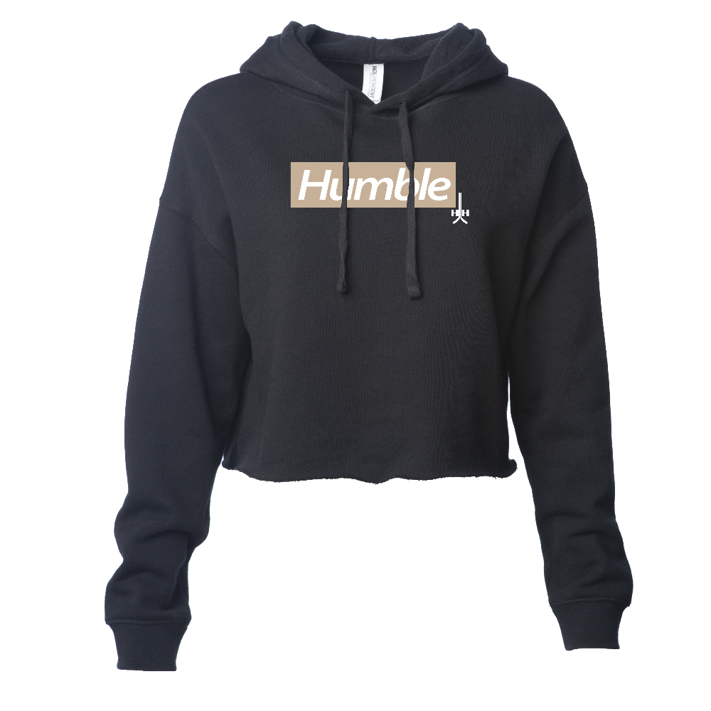 Black color camel tan brown design white text letters hooded crop hoodie cotton polyester blend