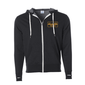 Heathered black charcoal gray french terry polyester cotton blend zip up hooded sweatshirt hoodie yellow design thumb holes