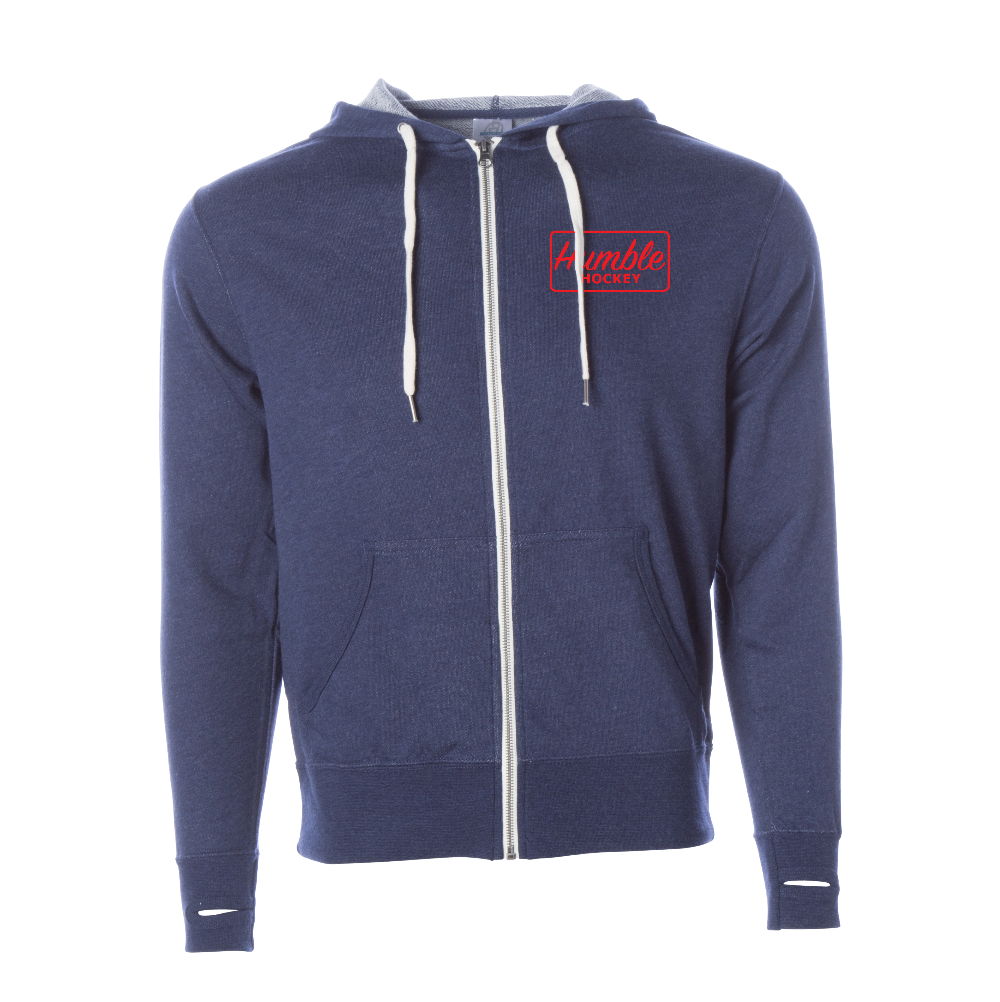 Navy blue french terry polyester cotton blend zip-up hooded sweatshirt thumb holes red design
