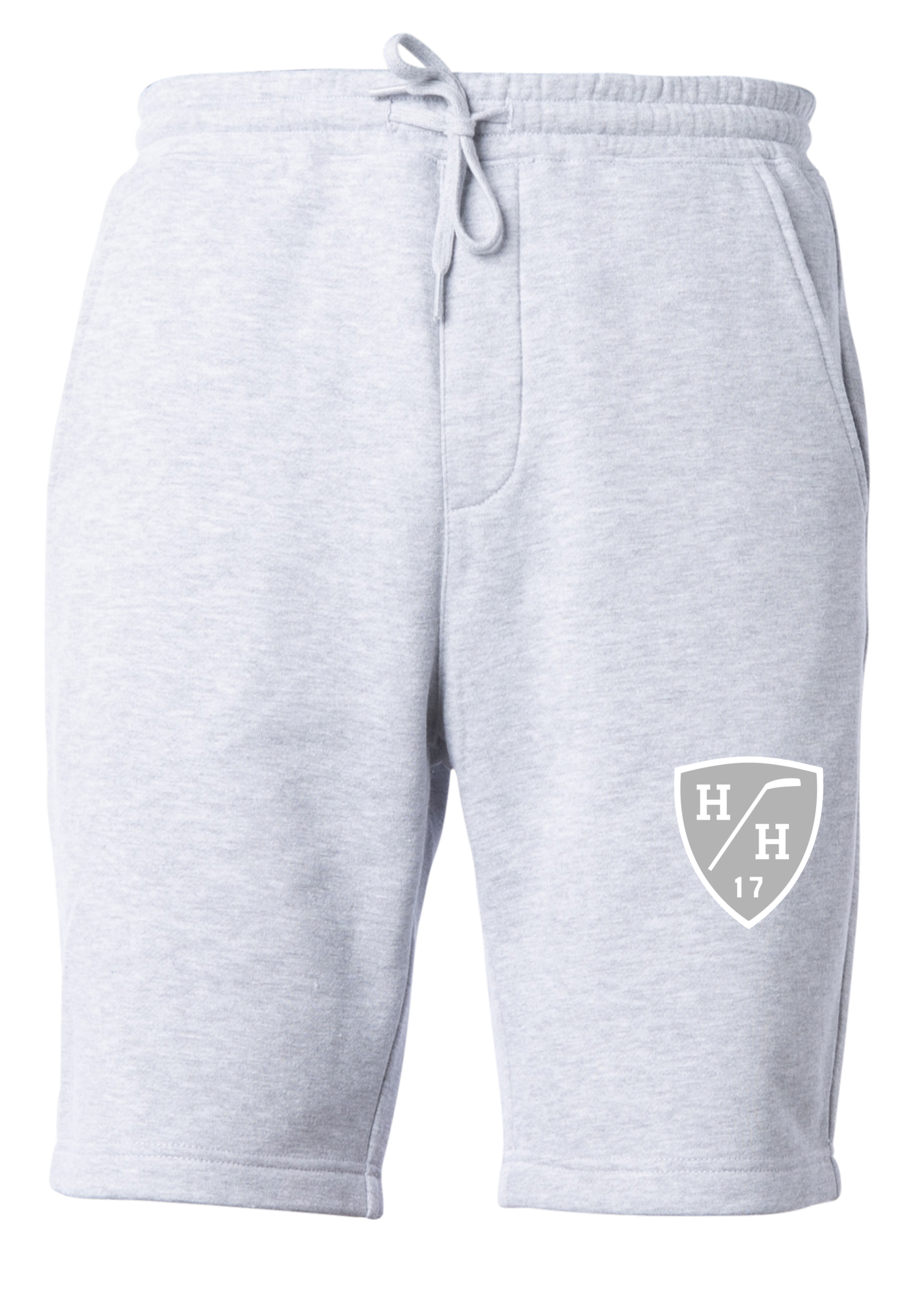Light grey heathered gray design, white design, sweat short with drawstring, cotton blend taper fit.