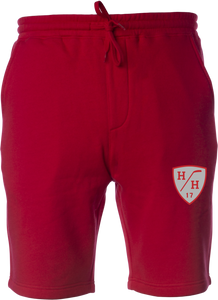 Red, red design, gray design, sweat short with drawstring, cotton blend taper fit.