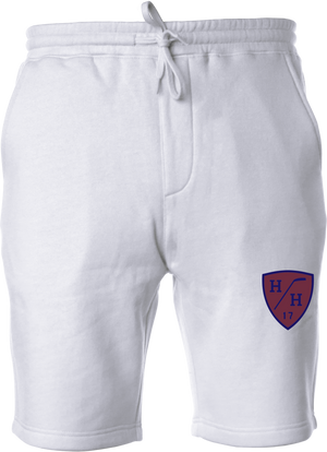 White, navy blue design, burgundy design, sweat short with drawstring, cotton blend taper fit.