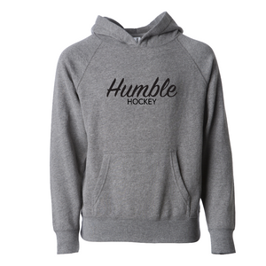 Heathered gray hooded sweatshirt youth sizes black design script text soft raglan pocket