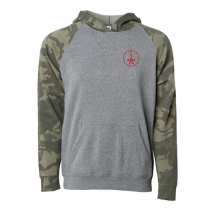 Heathered gray green camo woodland camouflage sleeves hooded sweatshirt youth sizes red design soft raglan pocket